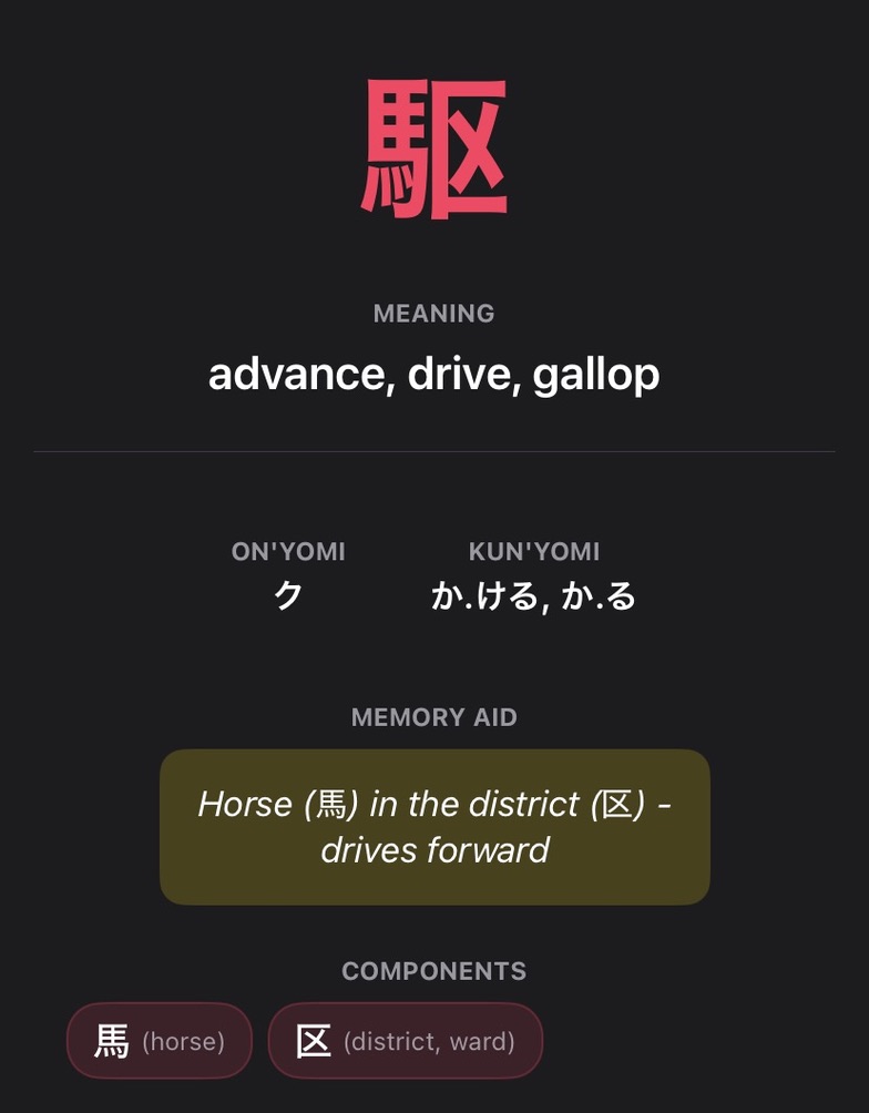 Kanji breakdown of 駆 (kakeru) in the Onpu app showing components horse and district, meaning "gallop"